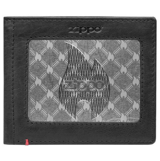 Black Leather Wallet- Zippo Flame Metal Plate Design