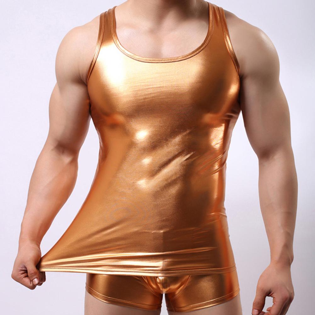 New Fashion Men Sexy Solid Color Sleeveless Low-cut Faux Leather Slim Vest Gym Tank Top