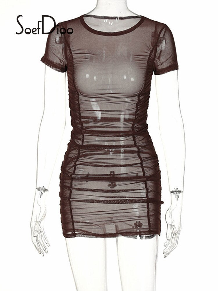 Soefdioo Solid Mesh See-Through Ruched Short Sleeve Bodycon Dress High Street Women Clothing Summer Party Club Mini Dress 2021