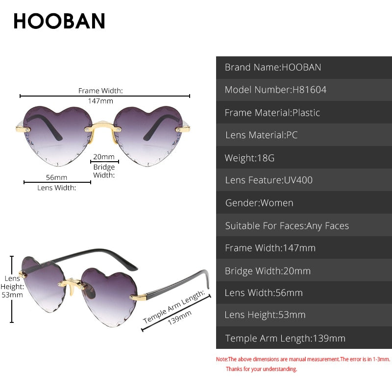 HOOBAN 2020 Fashion Heart Shape Women Sunglasses Brand Designer Lovely Rimless Sun Glasses For Female Vintage Pink Ladies Shades