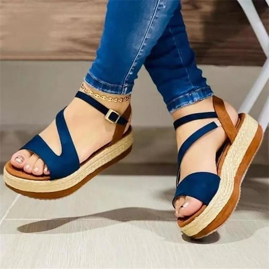 Women's High Quality PU Solid Color Buckle Open Toe Flat Heel Platform Non-slip Comfortable Fashion Casual Sandals KA168