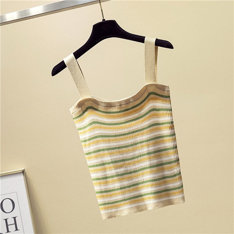 Rings Diary Women Knitting Strappy Stripe Tops Summer Slim Fit Knitwear Camisole Sleeveless Tee Shirts Tank Camis Crop Top New
