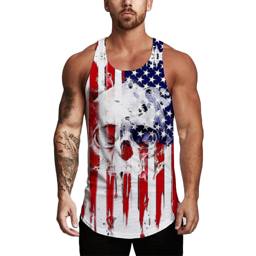 2021 Men's Sleeveless Independence Day Printing Mesh Breathable Bodybuilding men's sports t-shirt Men's tank tops Streetwear