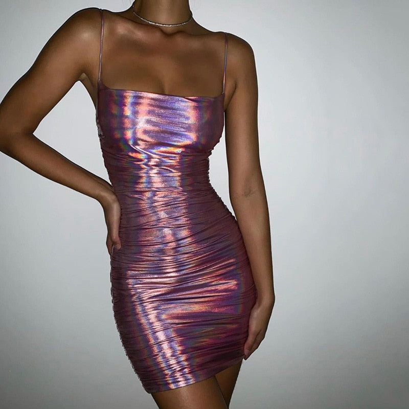 Woman Fashion PU Shiny Materials Bodycon Spaghetti Strap Mini Dress 2020 Sexy Bar Club Package Hip Sleeveless Dress
