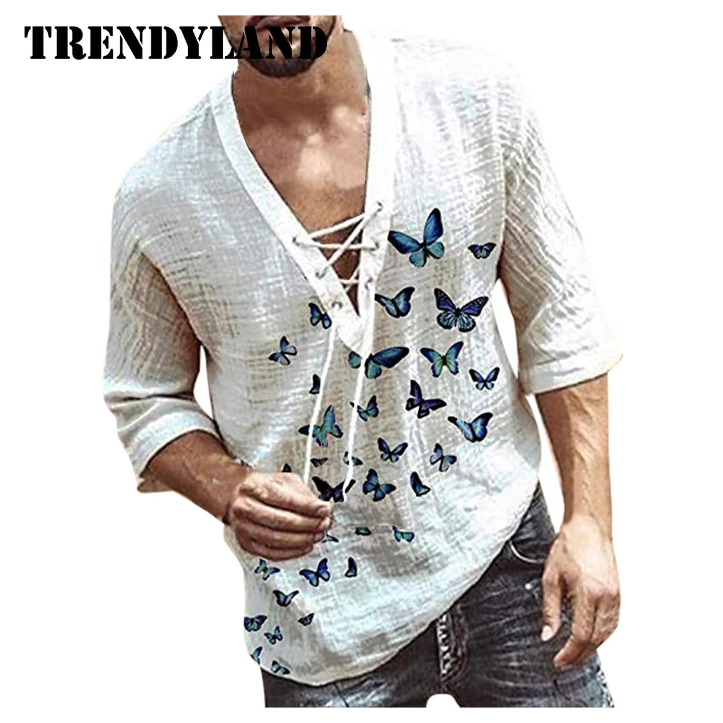 Trendyland Men Vintage Shirt Casual Long Sleeve Oversize Tops Butterfly Print Camisa V Neck Boho Style Shirts Top Dropshipping