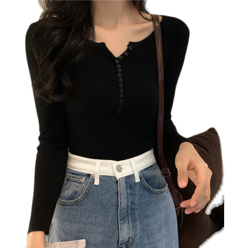 Women Sweater Fashion Full Sleeves Slim Buttons Neck Knitted Pullovers Female Autumn Tops Bottomed Shirt Knitwear Base Sweater