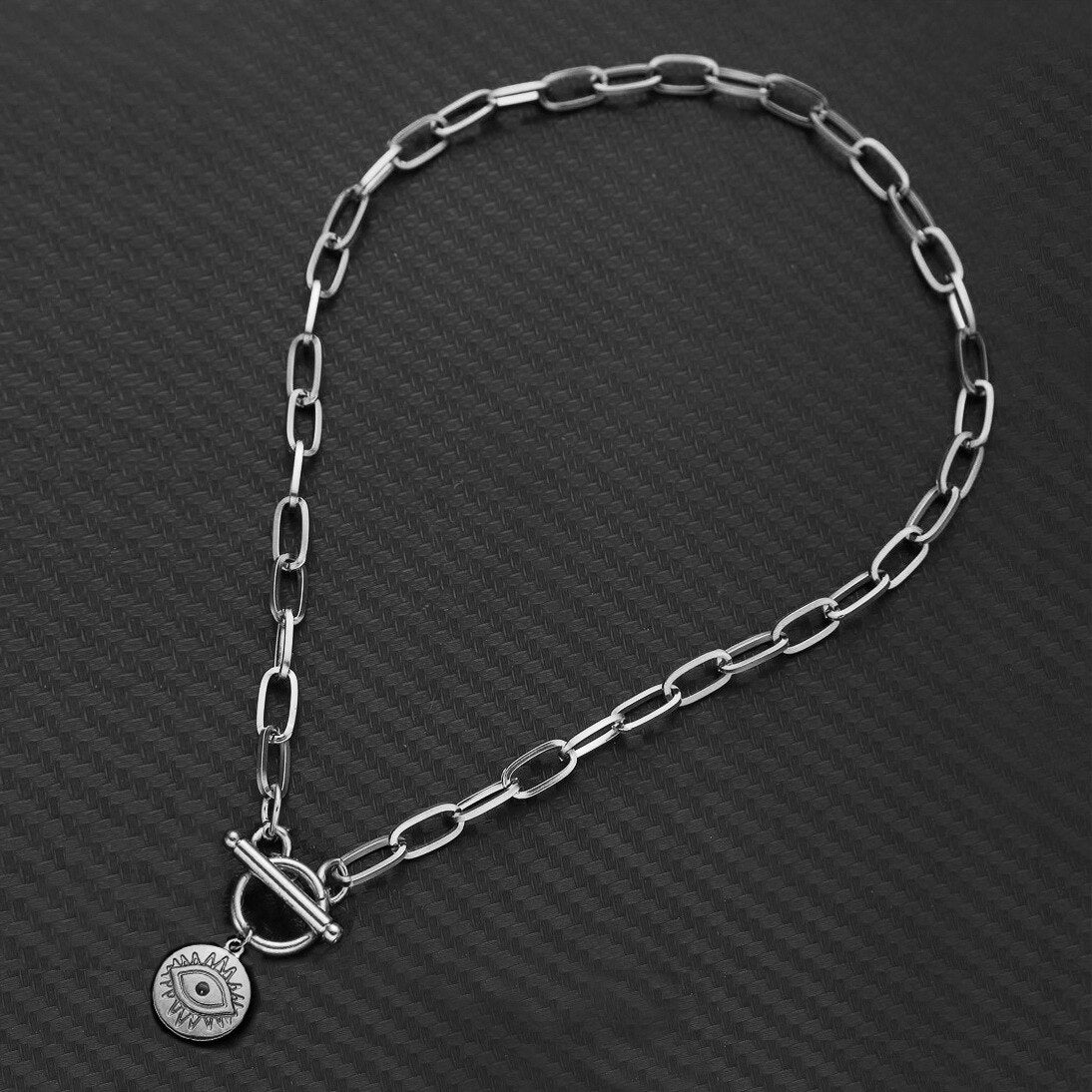 Stainless Steel Link Chain Face Evil Eyes Toggle Necklace For Women Metal Evil Eyes Coin Pendant OT Toggle Choker Collar
