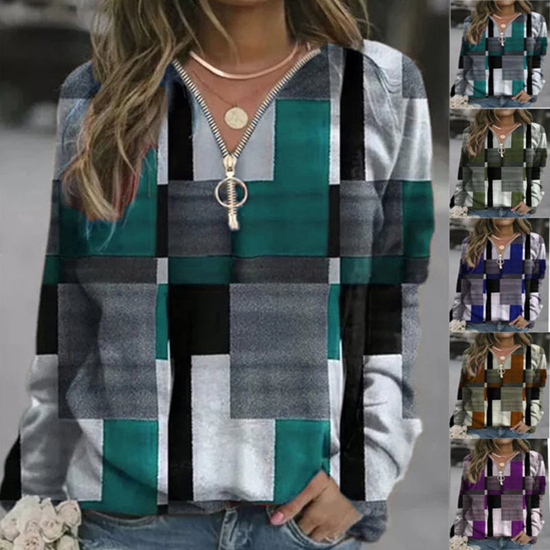 Women's Plaid Patchwork Sweatshirts Tops Spring Autumn Zipper Collar Long Sleeve Pullovers Female Vintage Streetwears Clothing