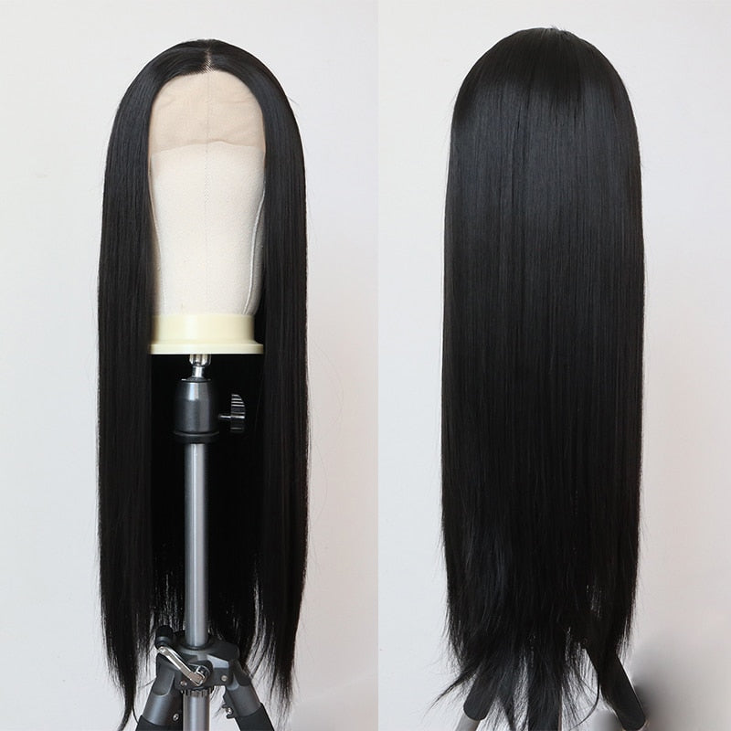 Long Straight Synthetic Lace Front Wig For Women Smooth Wig Black Synthetic Lace Wigs High Density Daily wig