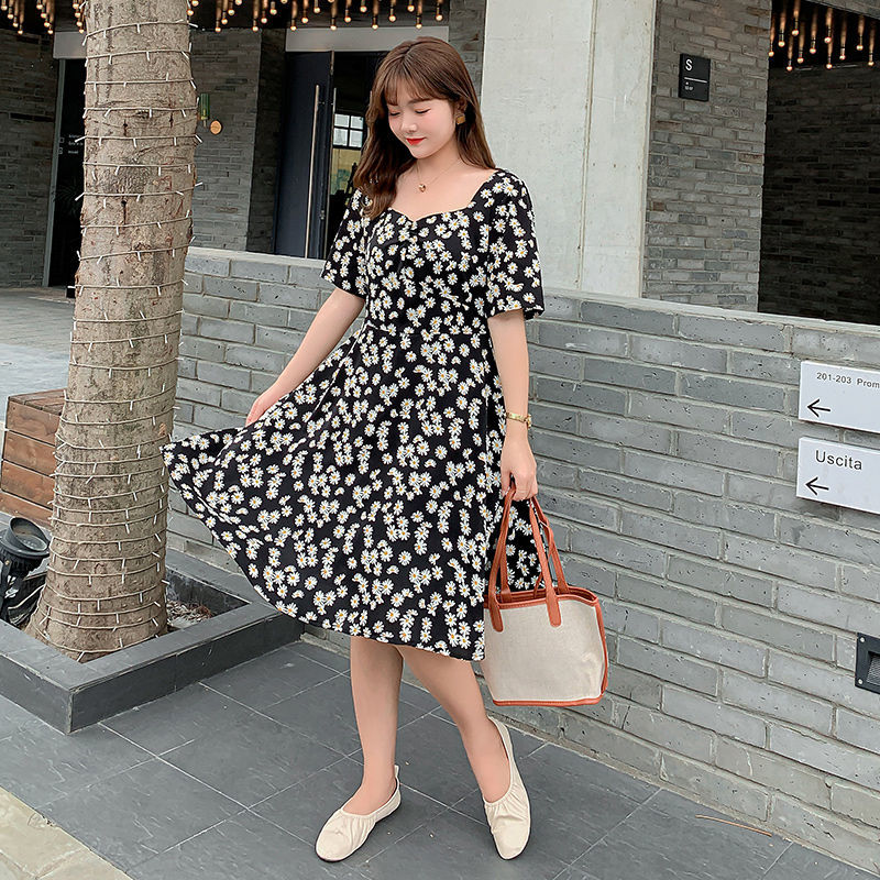 Short Sleeve Dress Women Daisy Print Square Collar Mid-calf Large Size 4XL Loose Slim Elegant Simple Korean Style Ins Trendy New