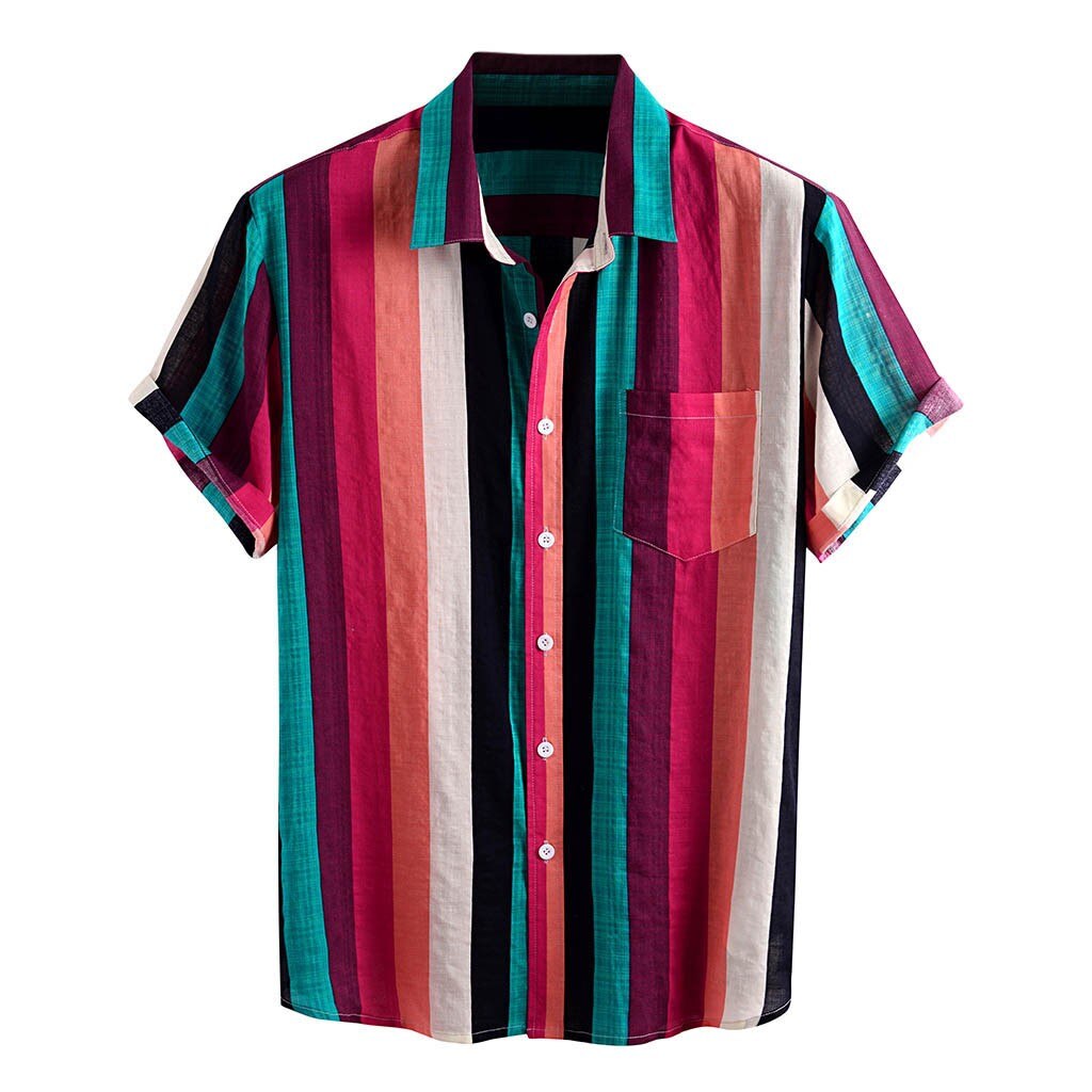 Striped Printed Shirt For Men Summer Linen Turn Down Collar Mens Casuai Shirts Streetwear Short Sleeve Hawaiian Tops Camisas #13