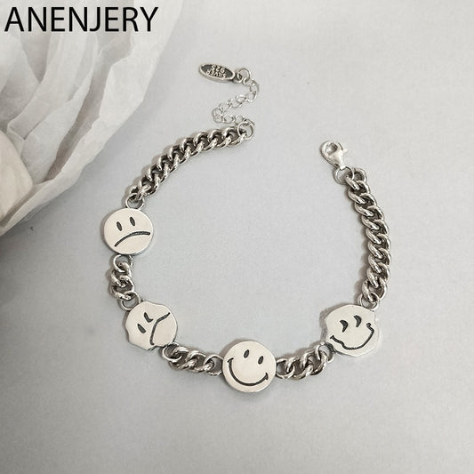 ANENJERY 925 Sterling Silver Smiling Face Thick Chain Bracelet For Men Women Couple Expression Bracelet Hip Hop Jewelry S-B412
