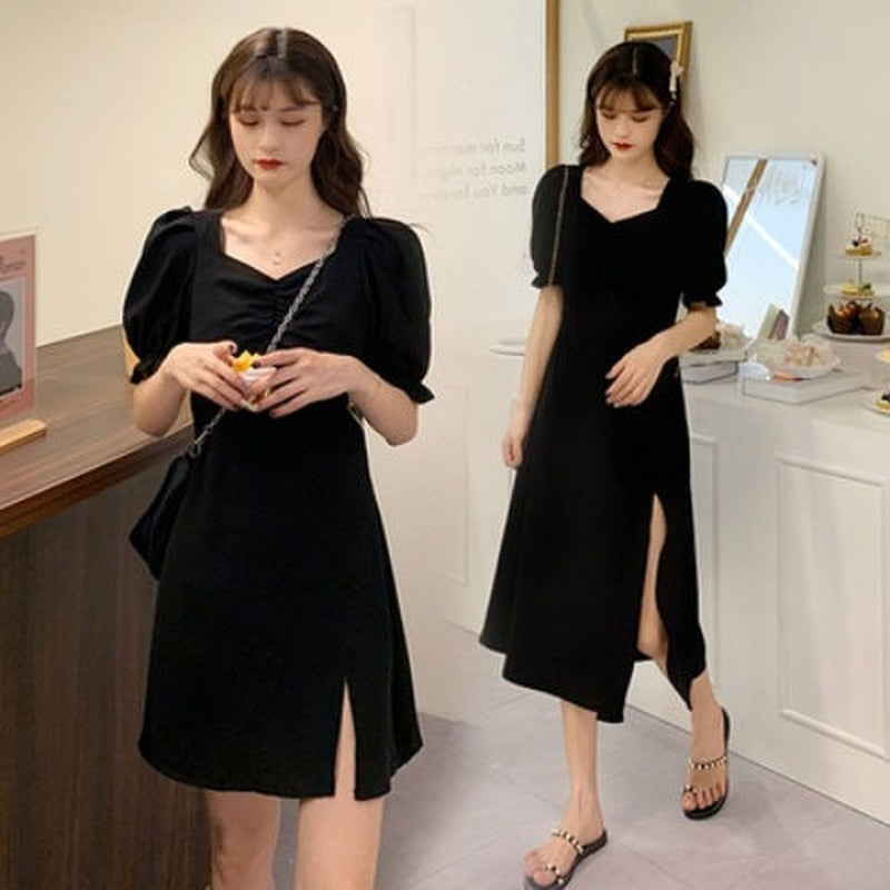 Plus Size Dress Women Solid Slim Trendy Spring Simple Korean Style Elegant Casual Soft Side-slit Ladies Fashion All-match Party