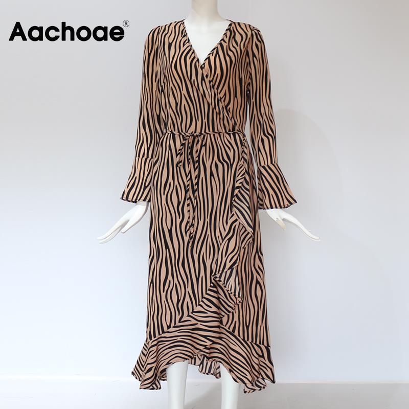 Aachoae Long Dresses 2021 Women Zebra Print Beach Bohemian Maxi Dress Casual Long Sleeve V Neck Ruffles Party Dress Vestidos