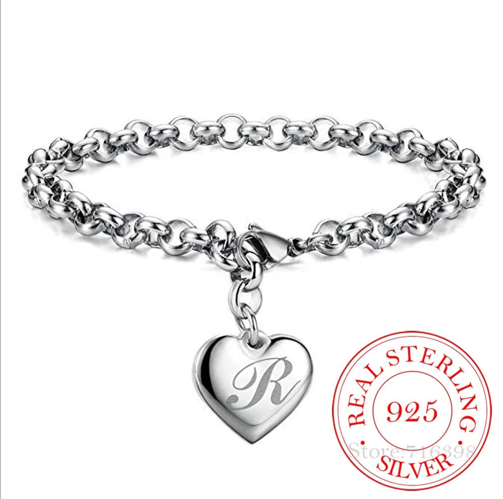 Punk Design 925 Sterling Silver A-Z Letter Heart Charm Bracelets & Bangles For Women Fine Jewelry Pulseras Mujer Moda 2020