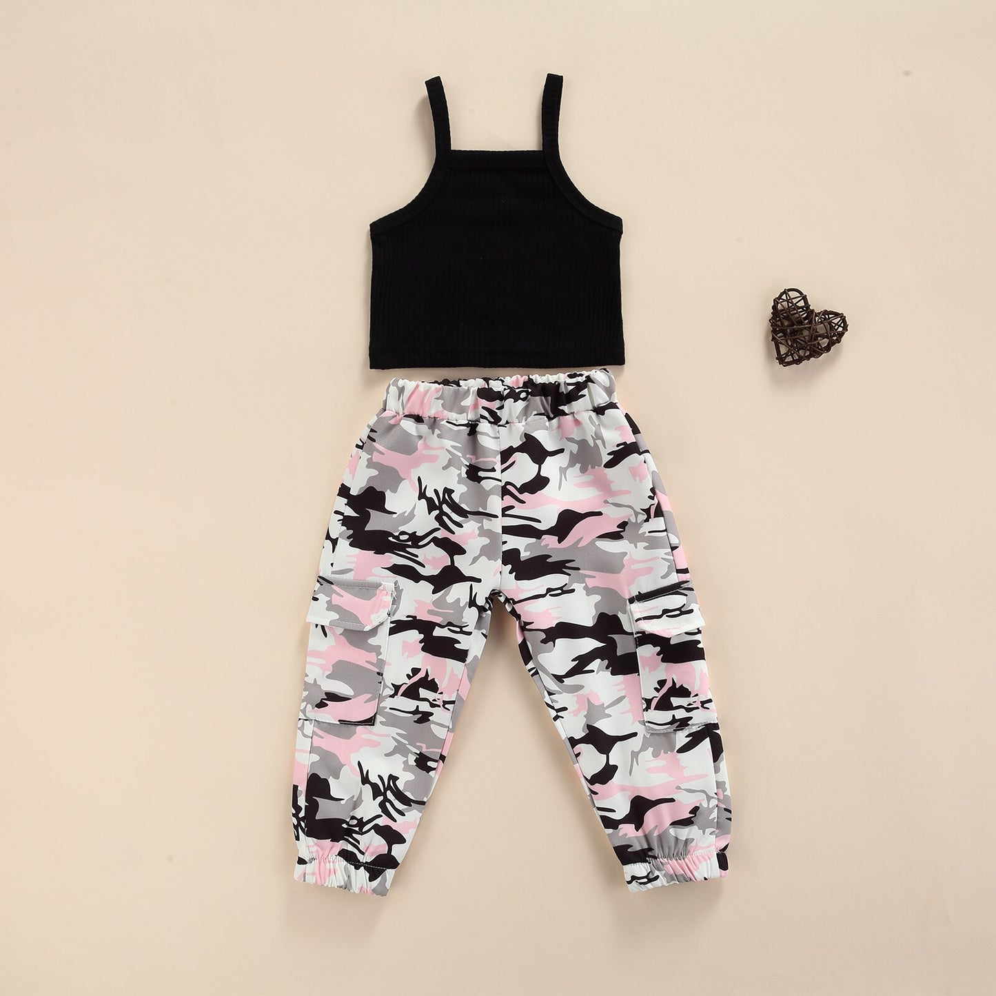 FOCUSNORM 1-7Y Summer Fashion Girls Clothes Sets 2pcs Sleeveless Solid Vest Tops Camouflage Printed Long Pants