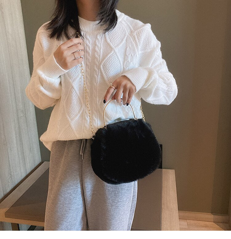 Cute Women Girls Plush Crossbody Bags Fashion Soft Shoulder Bag Top Handle Handbags Satchel with Chain Strap