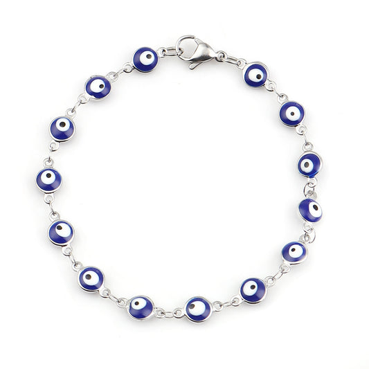 New 304 Stainless Steel Bracelets Silver Color Deep Blue Evil Eye Enamel For Women Turkish Eye Jewelry Gift 19cm Long 1 Piece