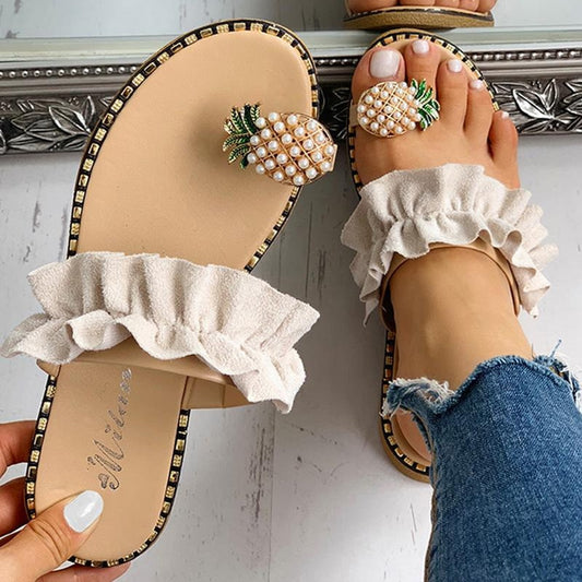 Women Slipper Pineapple Pearl Flat Toe Bohemian Casual Shoes Beach Sandals Ladies Shoes Platform Sandalias De Mujer 2020