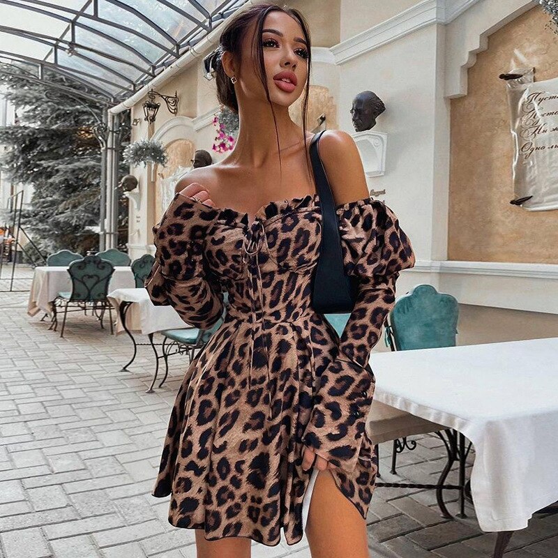 Sexy Off Shoulder Lantern Sleeve Dress Leopard Print Mini Dress 2021 Summer Women Female Backless Casual Bodycon Dresses