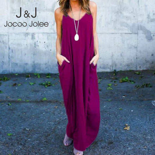 Jocoo Jolee Fashion Big Pocket Maxi Dress 2021 Summer Strap Sleeveless Cotton Loose Long Dress Oversized Irregular Beach Dress