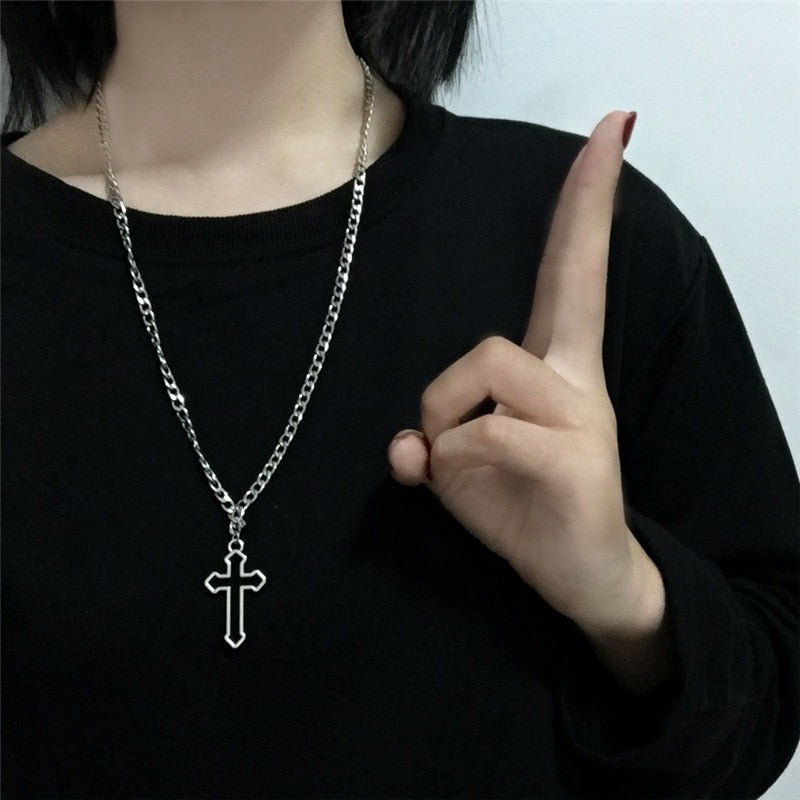 Wholesale Vintage Gothic Hollow Cross Pendant Necklace Silver Color Cool Street Style Necklace For Men Women Gift Neck Jewelry