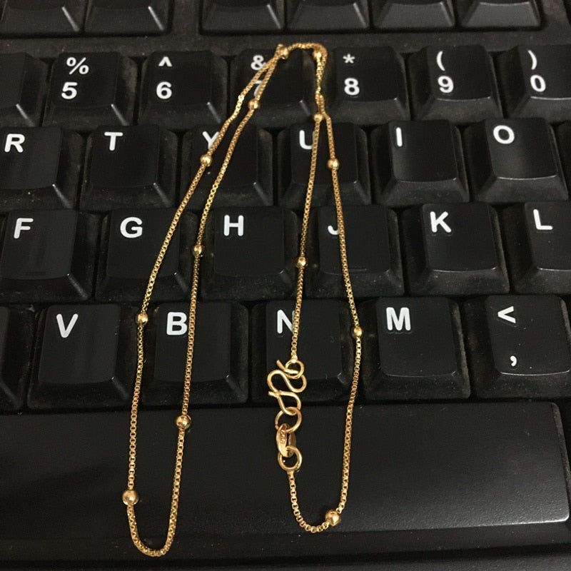 New Genuine 24K Gold Necklace Plating Gold 45CM Box Chain Beaded Necklace Short Chain For Woman Charm Jewelry