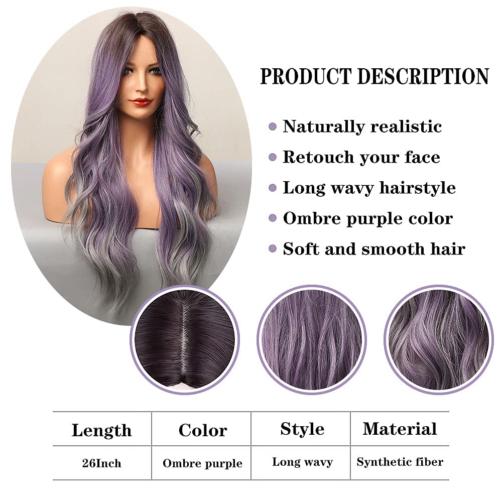 EASIHAIR Ombre Brown Mixed Purple Blonde Long Synthetic Wave Wigs for Women Heat Resistant Colorful Fiber Cosplay Lolita Wigs