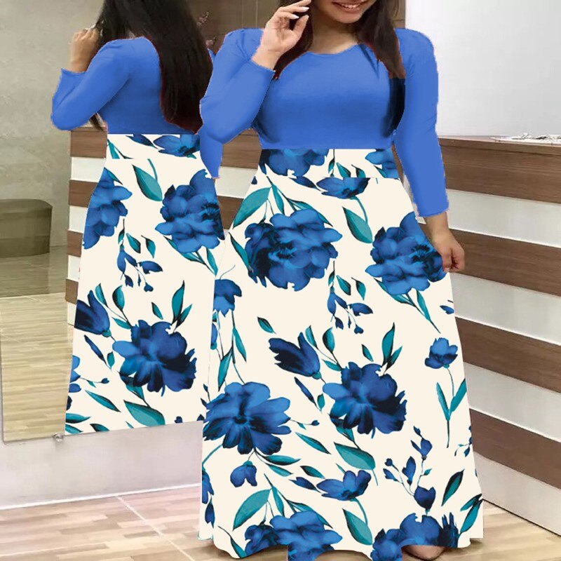 Plus Size Women's Summer Print Stitching Flower Long Banquet Dress 2021 Bodycon Dress Elegant Sexy Woman Super Long Dress