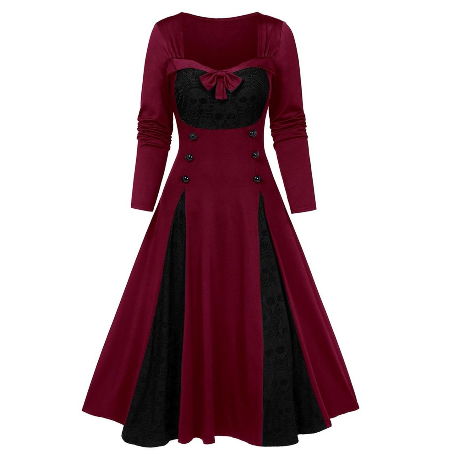 Halloween Gothic Pin Up Midi Dress Women Plus-size Solid Color Skull Lace Splicing Long Sleeve Vintage Party Dress Vestidos