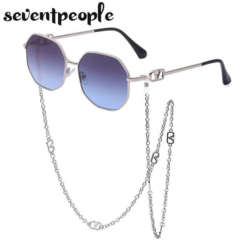 Fashion Metal Irregular Sunglasses With Chain Women 2021 Luxury Brand Channel Trendy Square Sun Glasses For Female Chic Eyewear