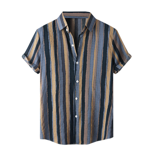 Men Shirts Short Sleeve Stripe Printed Casual Blouse Hawaiian Shirt Male Tops Summer Cotton Linen Plus Size Shirts M-3XL