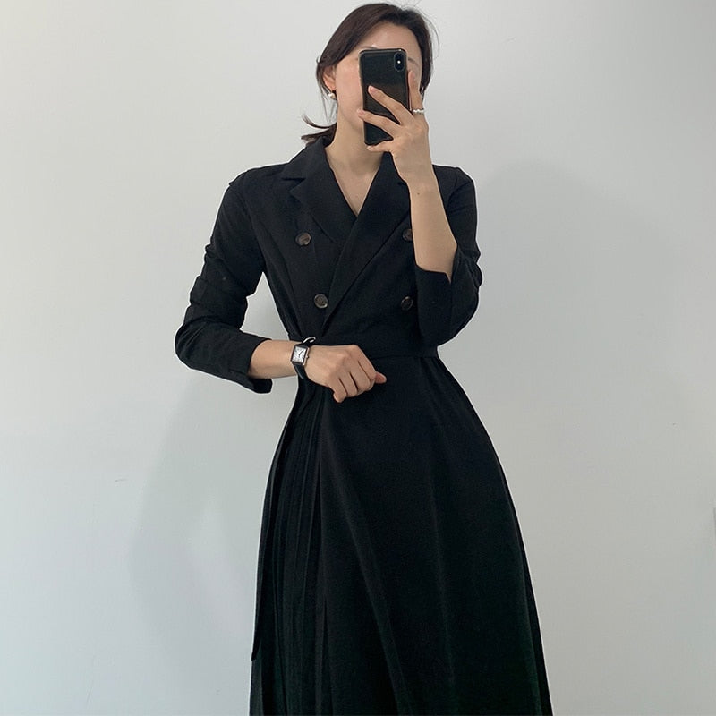 One Piece Dress Korean Chic Minimalist Suit Collar Double Breasted Lace Up Waist Slim Long Sleeve Pleated Dress