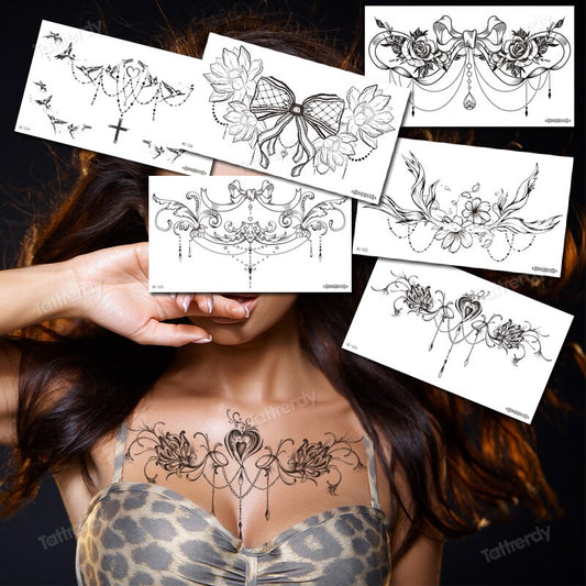 women's tattoos sexy breast underboob sternum temporary tattoo for women girls body tattoo big black henna lace flowers jewelry