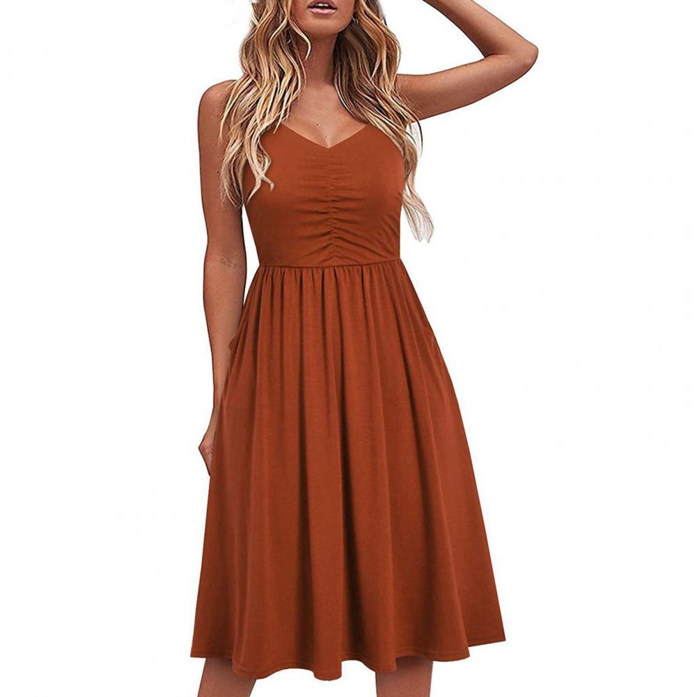 Vintage Solid Color Loose Women Dress Midi Summer Clothes low-neck backless Korean Pleated Casual Elegant Ladies Dresses 2021