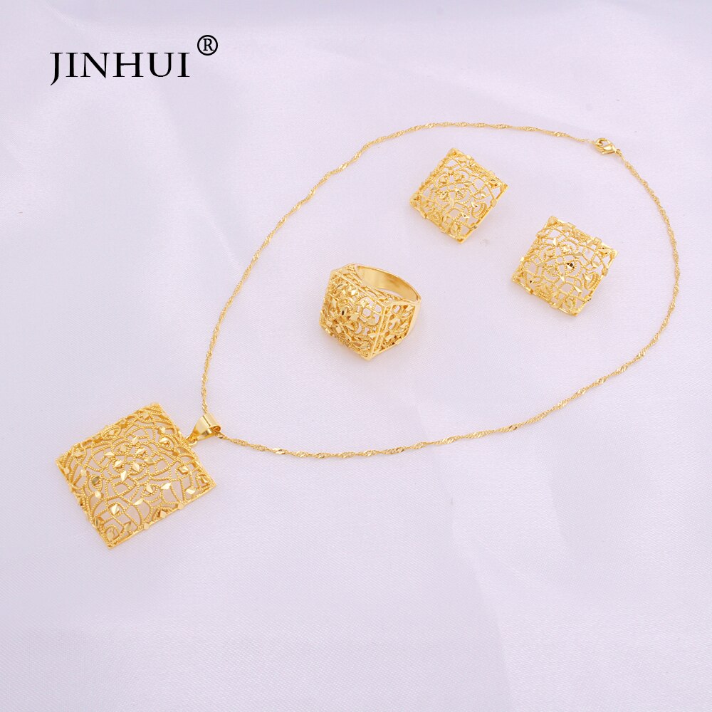 Jewelry sets Ethiopia 24K gold Dubai for women African Party wedding gifts Necklace and Earrings ring set 45cm Square Pendant