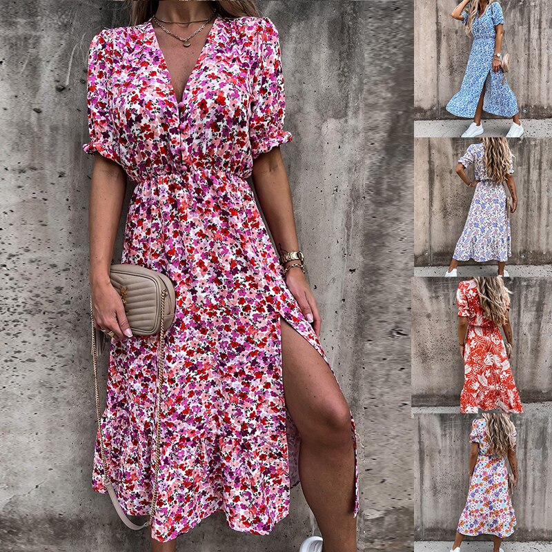 Summer Floral Printing Women Long Dress V-Neck Short Sleeve Boho Midi Dress Beach Ladies Holiday Dress Side Sundress Maxi Dress