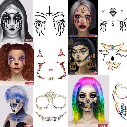 Women Halloween Glitter Face Crystal Stickers Paste Horror Acrylic Diamond Tattoo Paste Ghost Face Funny Makeup Festival Rave
