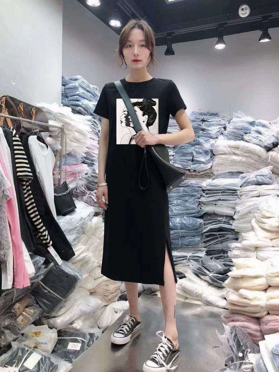 Summer Women Daisy Dress Short Sleeve Casual Bottoming Print Midi Black Tshirt Dresses O-Neck Woman Korean Clothes Vestidos 2020