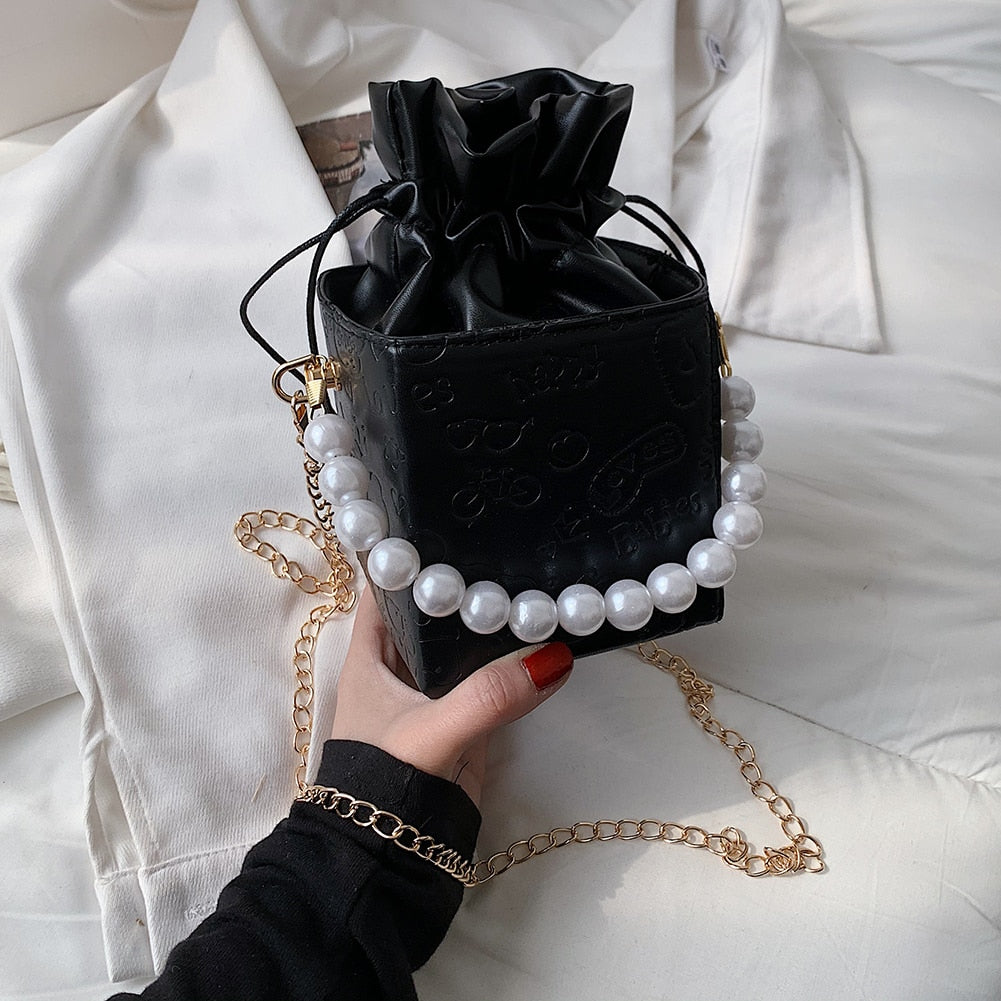 Female Box Shape PU Leather Cartoon Embossing Chain Shoulder Crossbody Bags Women Designer Drawstring Pearl Handbags