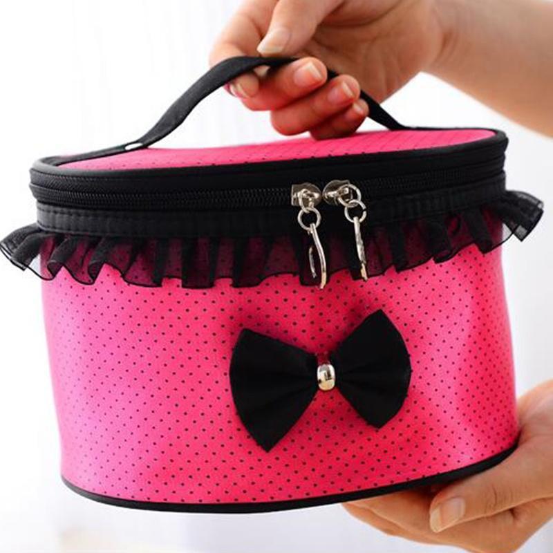 Women Multi Function Travel Cosmetic Bag Polka Dot Makeup Bowknot Handbag Case Pouch