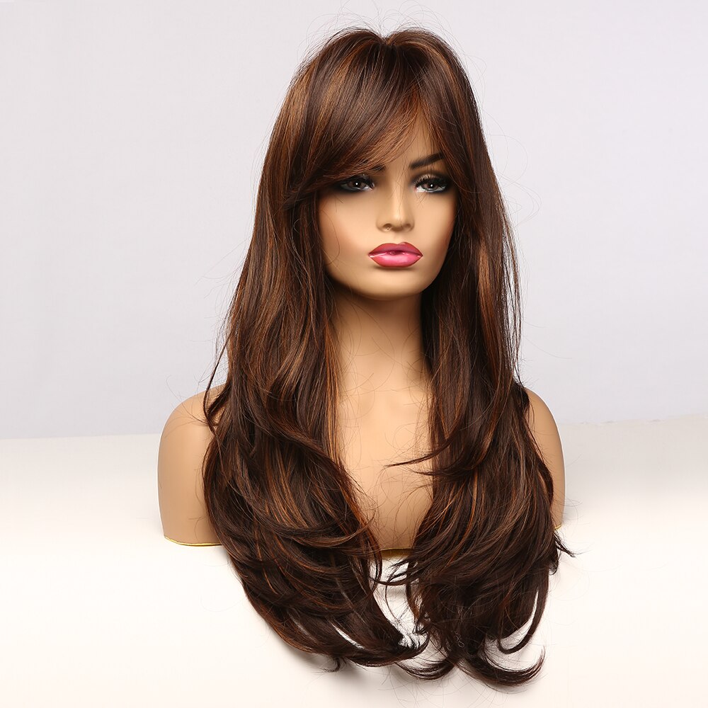 Long Brown With Golden Highlight Wig Natural Wavy Womens Synthetic Wig With Bangs Heat Resistant Cosplay Hair for Women Afro