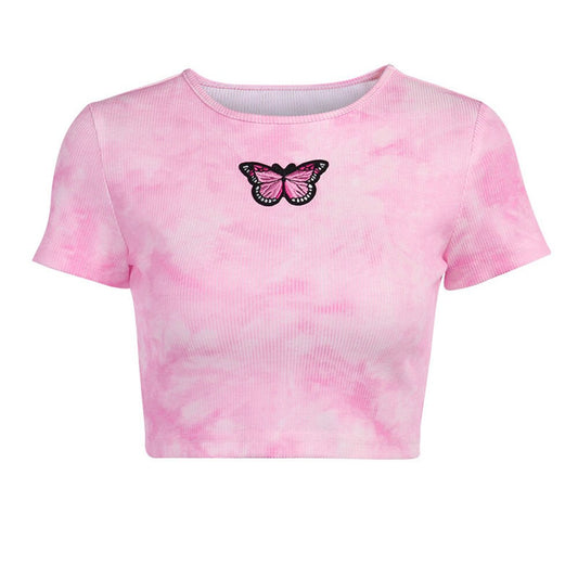 Sexy Butterfly Embroidery Tie-Dye Print T-shirt Women Summer Pink O-Neck Slim Ribbed Casual Streetwear Crop Tops