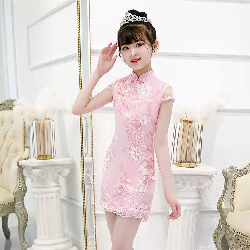 Kids Girl Cheongsam Dress Summer 2021 Baby Princess Dresses New  Teenager Short Sleeve Dress Children Party Clothes