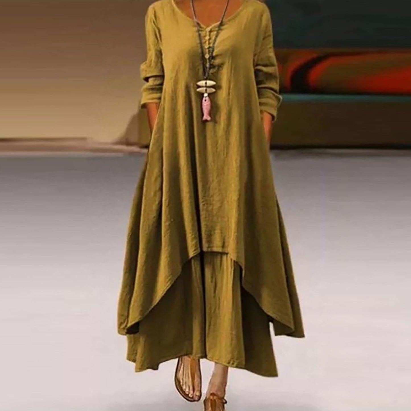 Plus Size Fashion Women Summer Linen O-neck Double Layer Buttoned Loog Asymmetric Maxi Dresses Casual Dress Vestidos Clothing