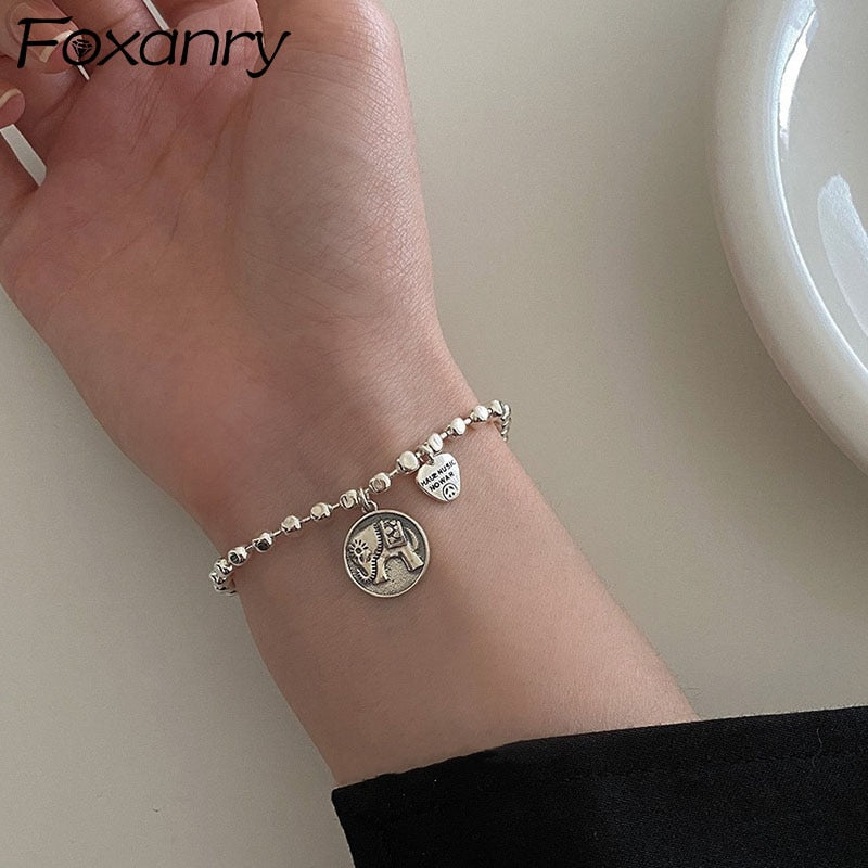 FOXANRY 925 Sterling Silver Beads Chain Bracelets Fashion Hip Hop Vintage Couples Creative Elephant Pendant Party Jewelry Gifts