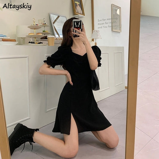 Plus Size Dress Women Solid Slim Trendy Spring Simple Korean Style Elegant Casual Soft Side-slit Ladies Fashion All-match Party
