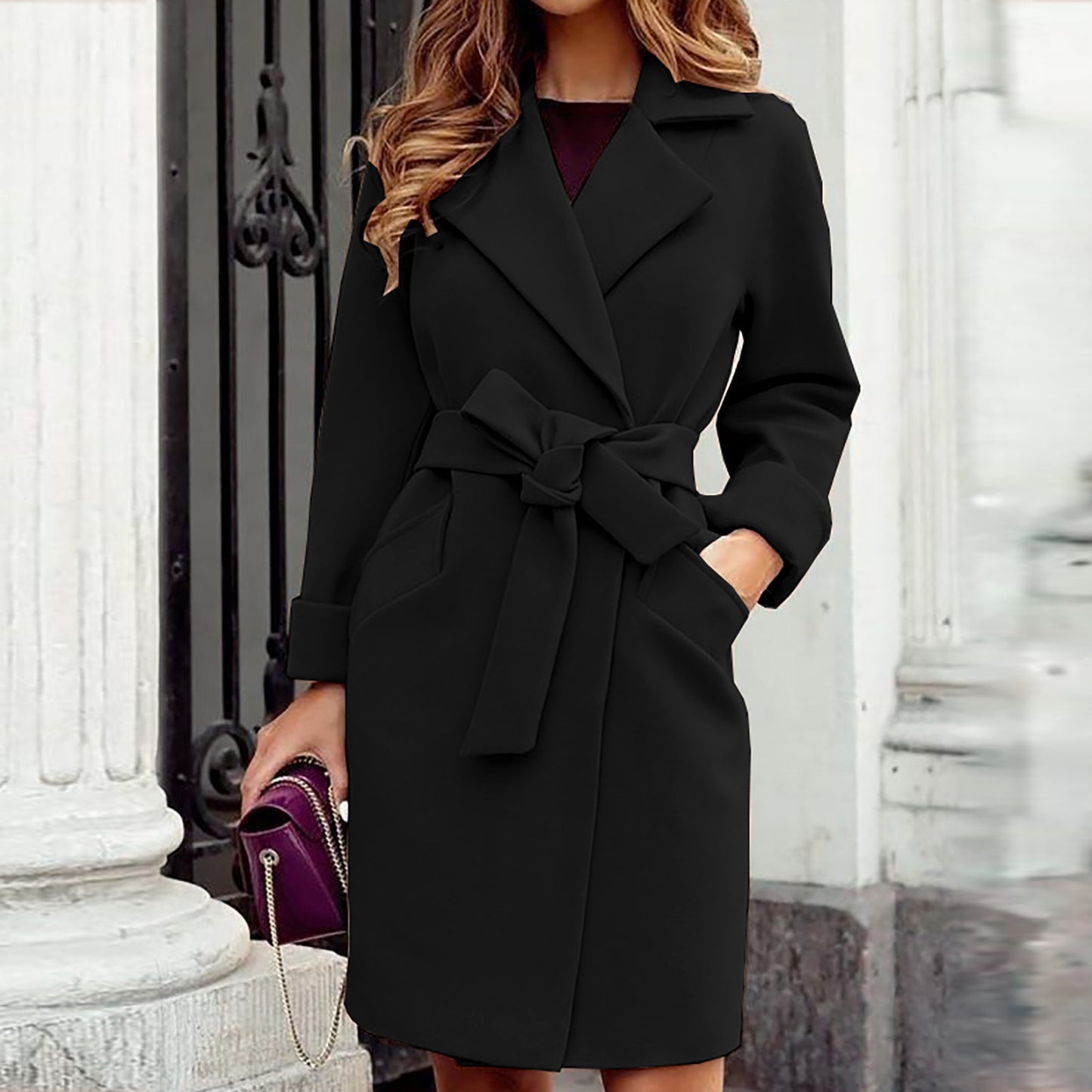 Women Jackets Coat 2021 Autumn Winter Warm Woolen Blend Lapel Long Coat with Belt Elegant Chic Solid Slim Fit Overcoat Outerwear