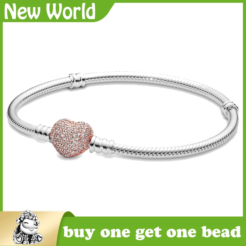 Fit Original 925 Sterling Silver Romantic Sparkling Heart-shaped Pavé Buckle Snake Chain pandora Bracelet Classic DIY Jewelry