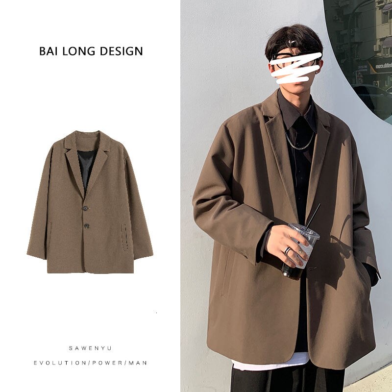 Autumn Korean Style Oversize Blazer Men's Fashion Solid Color Business Casual Dress Jacket Men Streetwear Loose Suit Jacket Mens